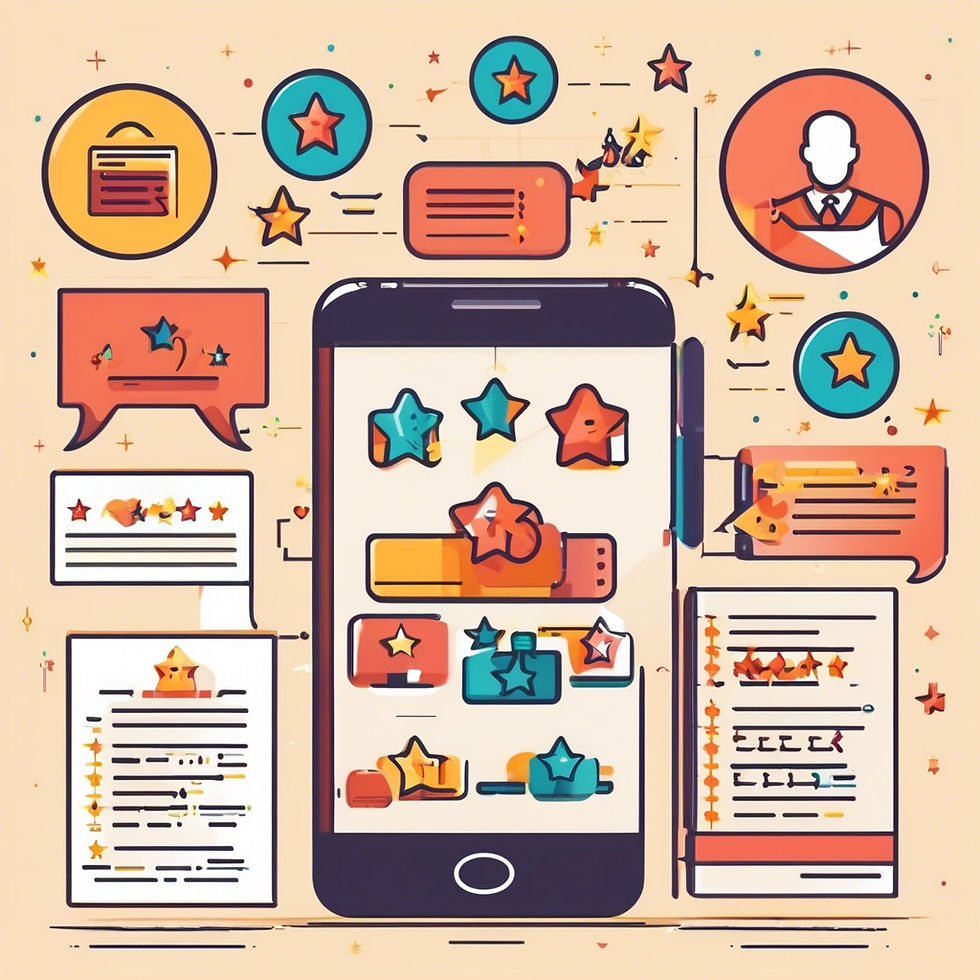 Smartphone with colorful star ratings and text bubbles. Background has icons and a silhouette. Vivid, playful design with dynamic layout.