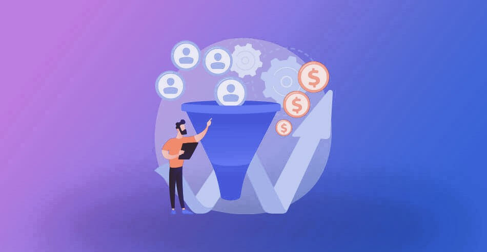 Illustration of a person with a laptop pointing at a funnel with user icons and gears. Coins and an upward arrow signify growth on a gradient blue-purple background.