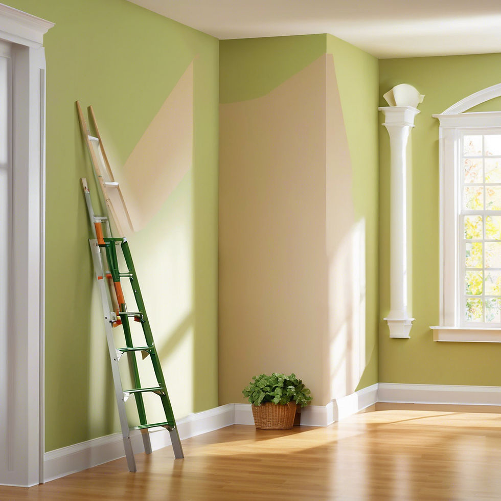 A green and beige wall with a ladder leans against it. A potted plant is on the floor, beside a bright window and a decorative column.