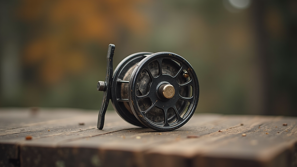 Eye-level view of a vintage fishing reel on a wooden surface