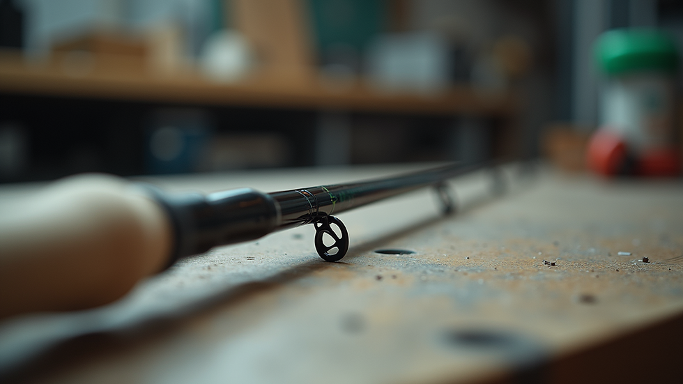 Eye-level view of a fishing rod prototype on a workbench