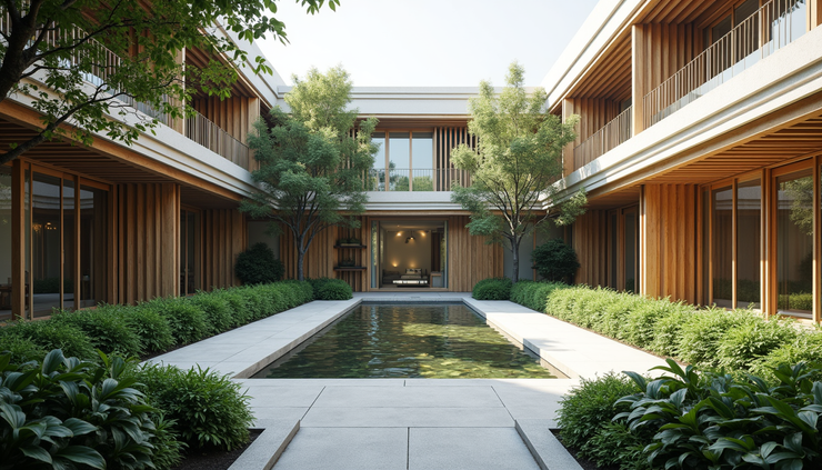 Eye-level view of a central courtyard with a water body surrounded by louvered walls and greenery