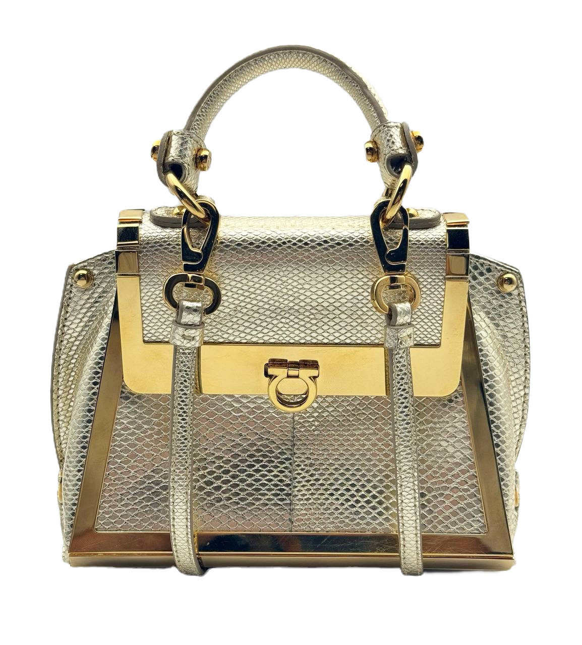Salvatore Ferragamo Sofia Top Handle Crossbody Gold Mini Snake Skin Bag