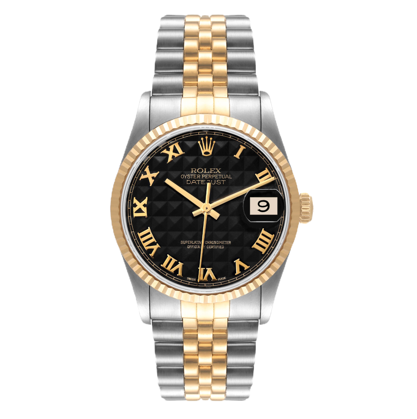Rolex Datejust 36mm 18k Yellow Gold & Steel 16233 Black Pyramid Roman Dial
