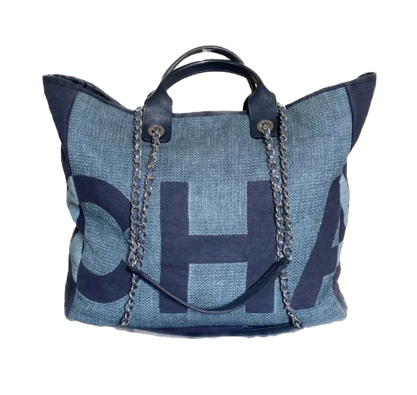 CHANEL Denim Deauville Logo Shopping Chain Tote Large Bag & Card