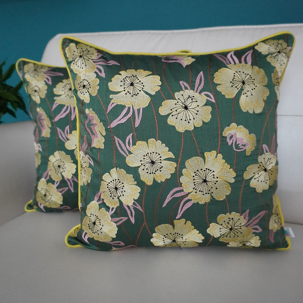 2 Embroidered Cushion Covers- Floral Poppies- Moss Green
