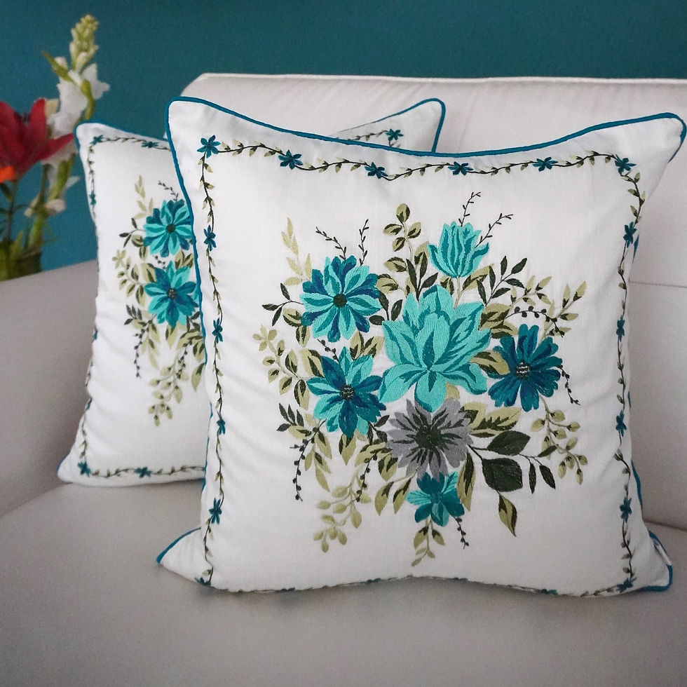 2 Embroidered Cushion Covers- My Fair Lady- Aqua Blue