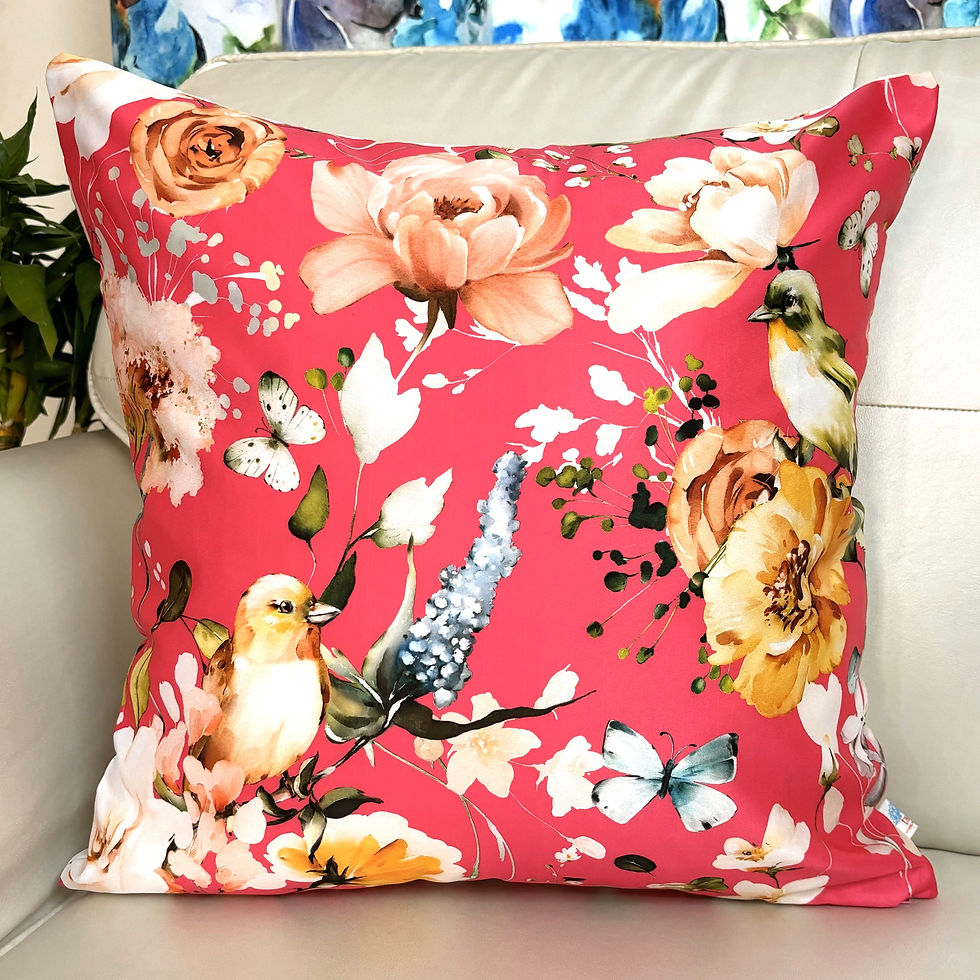 Thumbnail: 2 Reversible Printed Cushion Covers- Birds of Paradise- Fuchsia White