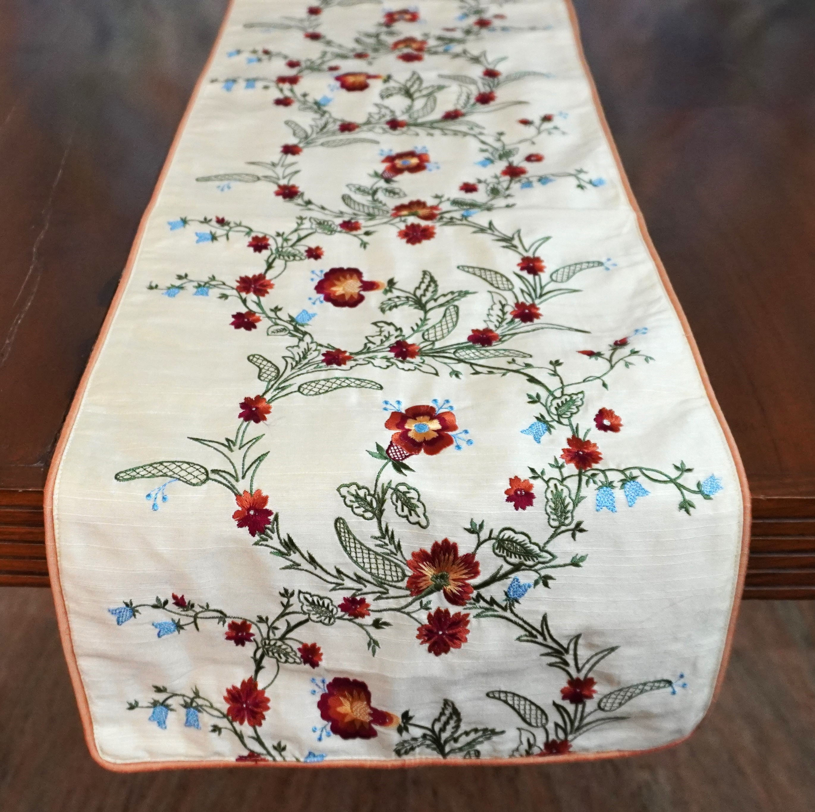 Table Runner- Embroidered Floral Rings - Maroon Peach
