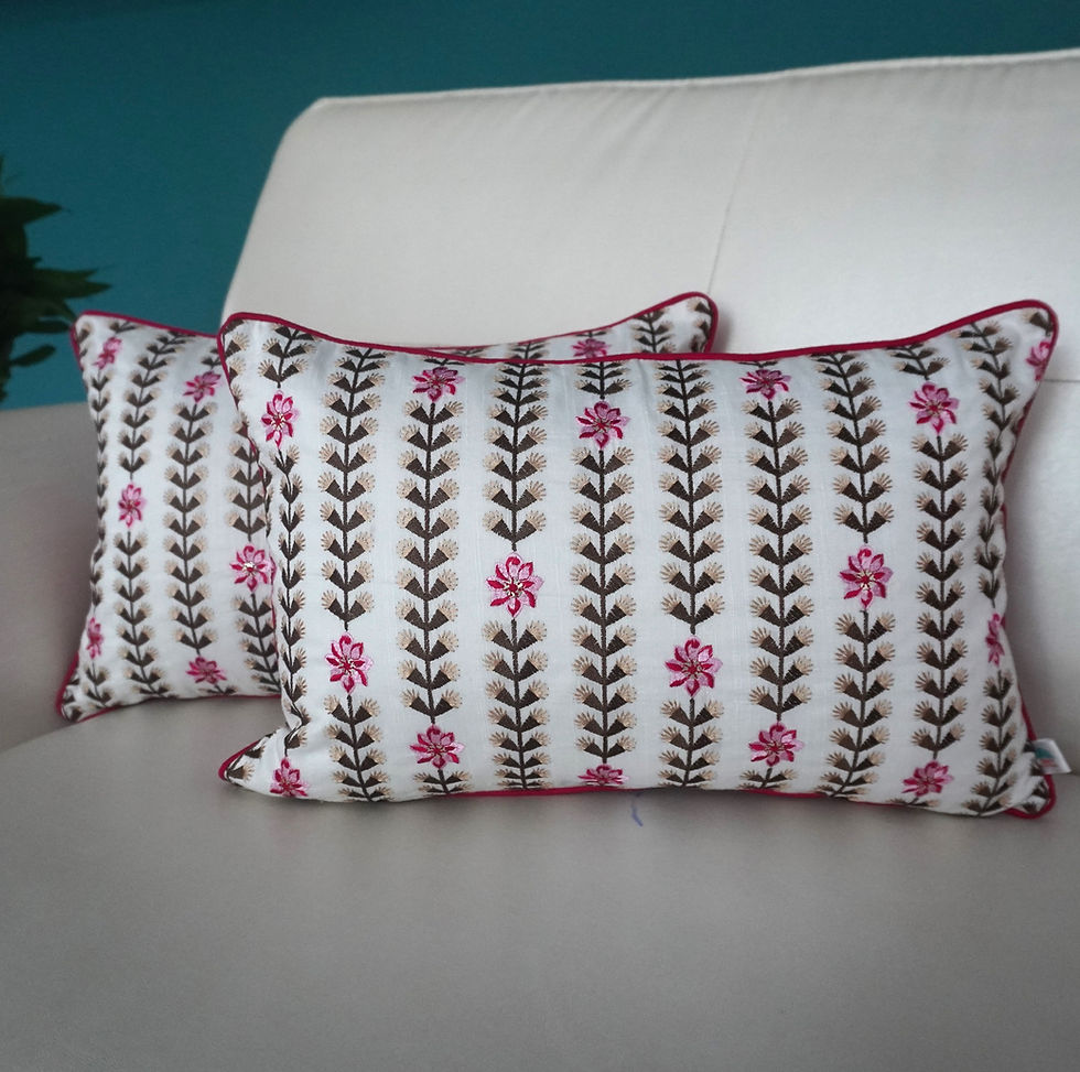 Thumbnail: 2 Embroidered Cushion Covers- Floral Vines- Fuchsia Pink