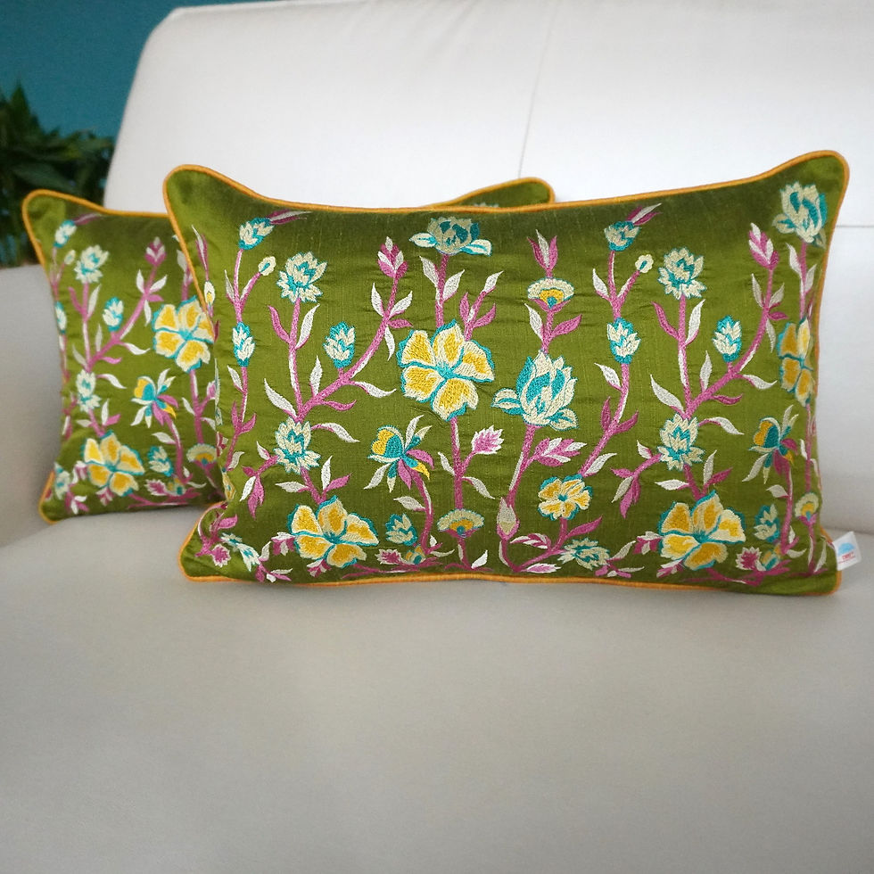 2 Embroidered Cushion Covers- Wild flower fields- Olive Green