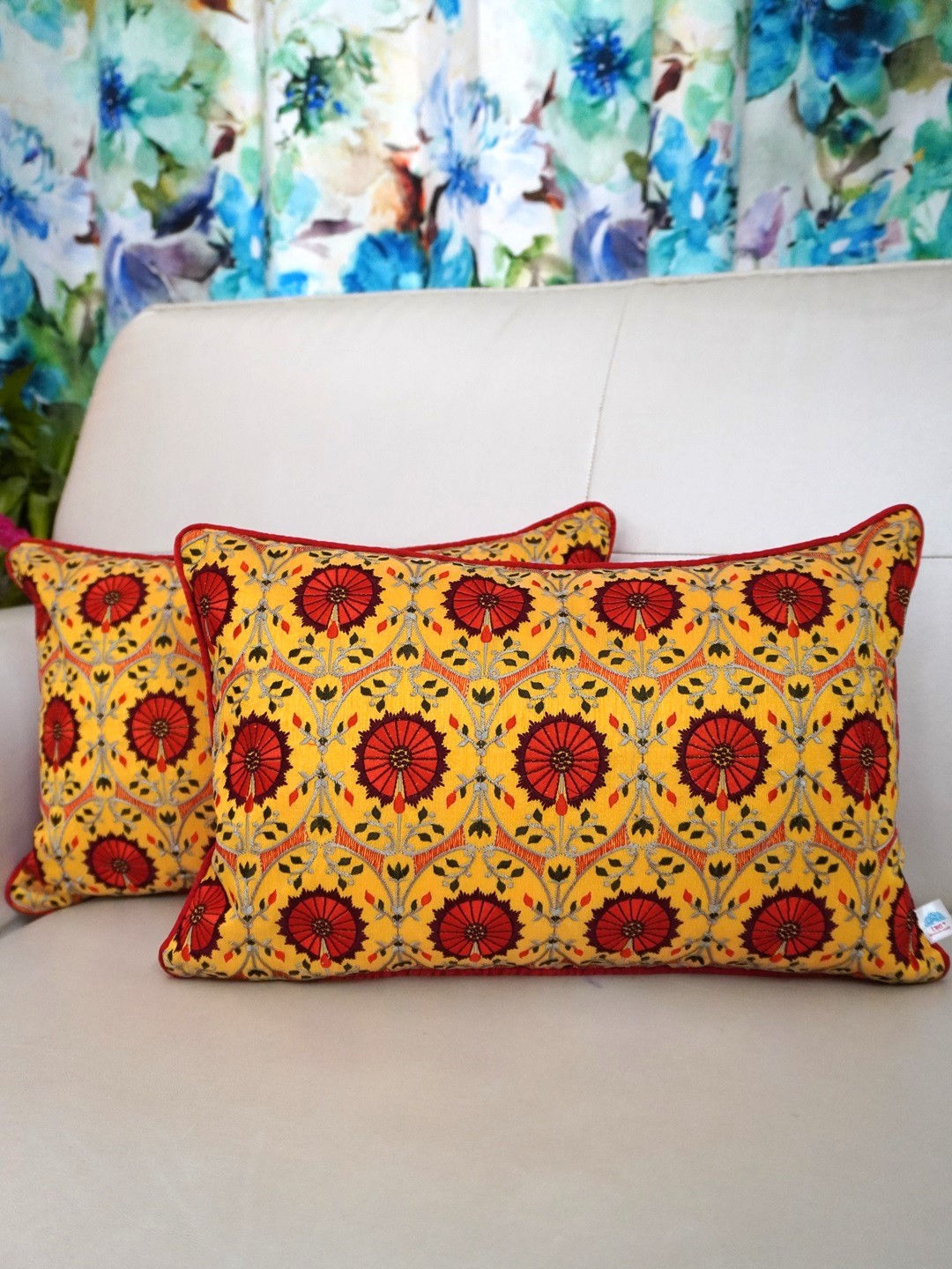2 Rectangular Embroidered Cushion Covers- Gulzar- Sunflower Yellow