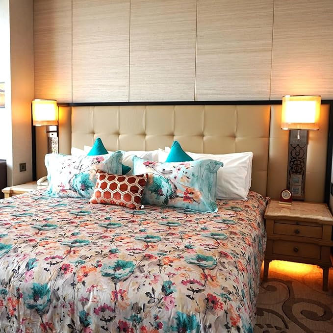 Thumbnail: 350 TC Luxury Cotton Bedsheet- Prairie de fleurs- Birch Aqua Gold