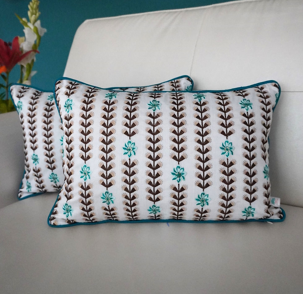 Thumbnail: 2 Embroidered Cushion Covers- Floral Vines- Aqua Blue