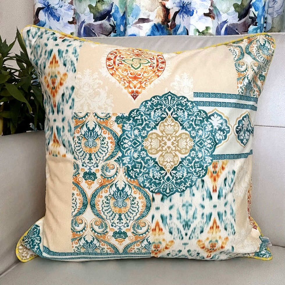 Thumbnail: 2 Velvet Printed Cushion Covers- Palms- Moroccon Magic- Yellow Blue
