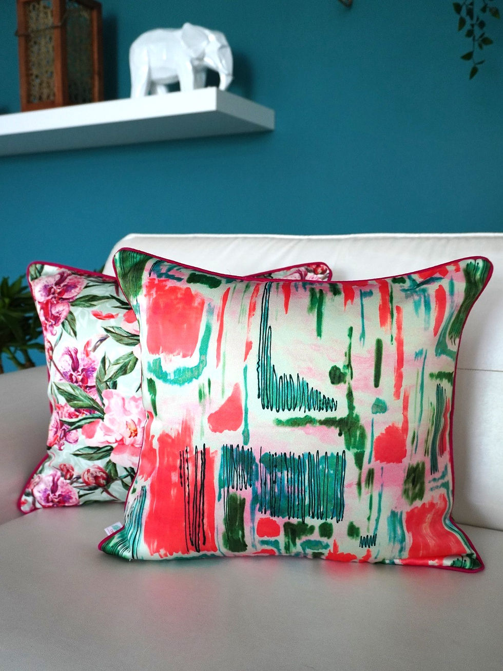 Thumbnail: 2 Reversible Printed Cushion Covers- Watercolor Peonies- Sage Green