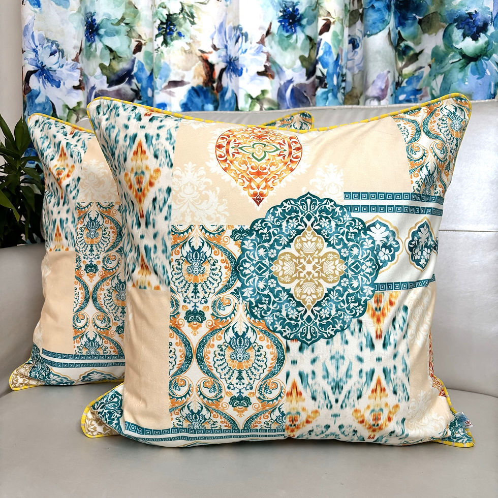 2 Velvet Printed Cushion Covers- Palms- Moroccon Magic- Yellow Blue