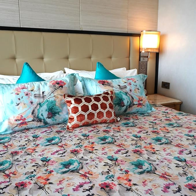 Thumbnail: 350 TC Luxury Cotton Bedsheet- Prairie de fleurs- Birch Aqua Gold
