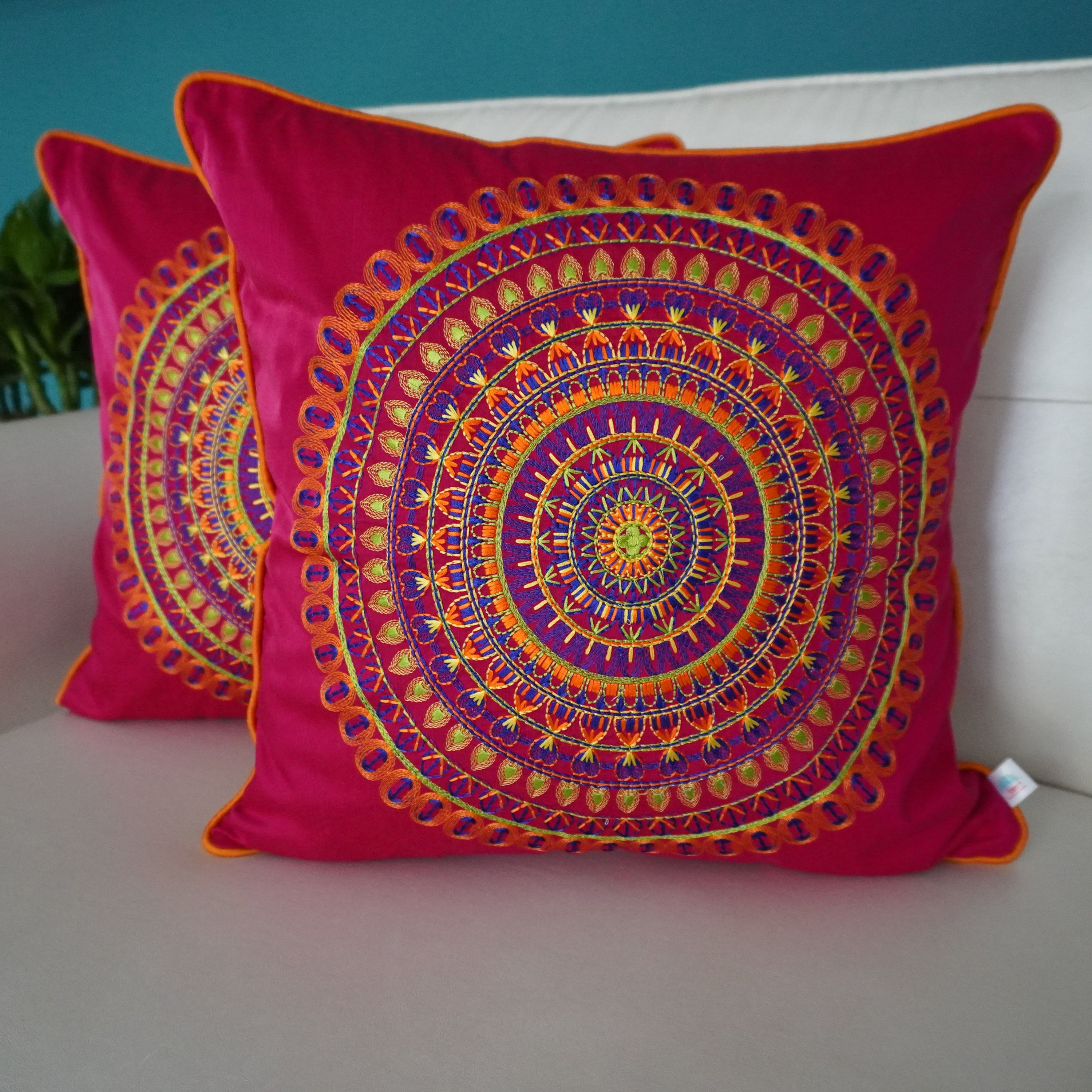 2 Embroidered Cushion Covers- Colors of India- Fuchsia Pink