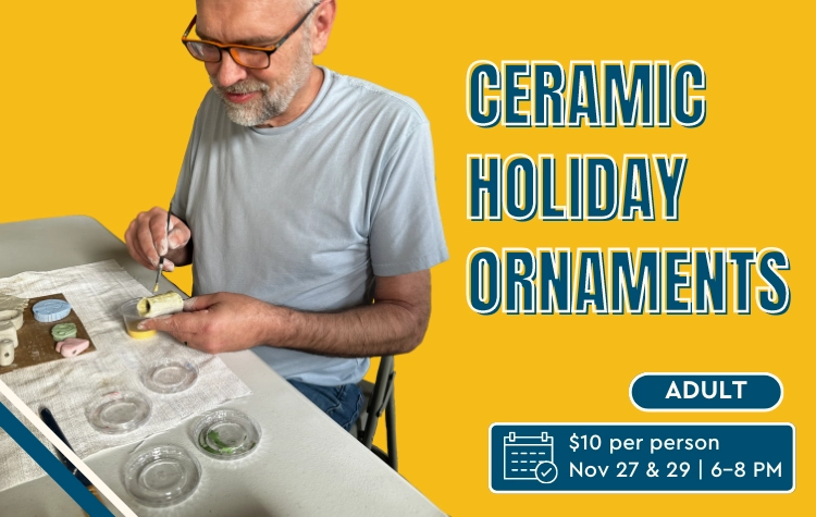 Ceramic Holiday Ornaments promo – smiling bearded man painting a ceramic piece