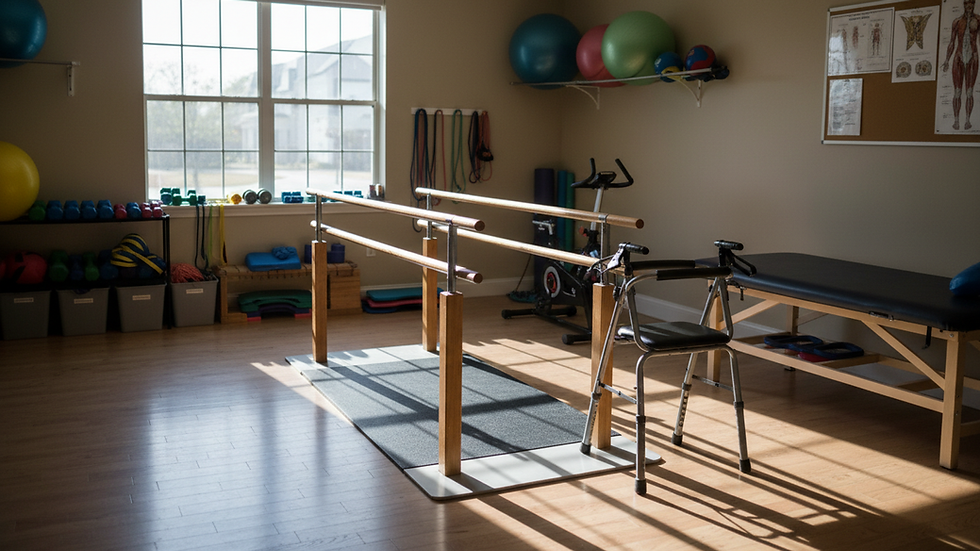 Eye-level view of a therapy gym with parallel bars and a folded walker near a window.