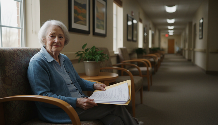 Eye-level view of an older adult holding a folder in a quiet rehabilitation hallway