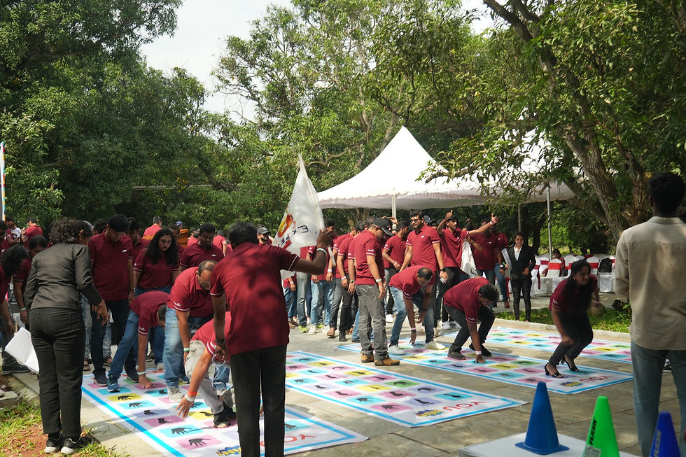 Corporate team fully engaged in outdoor team building activities at Hanu Reddy Raghava Farms mango orchard near Chennai