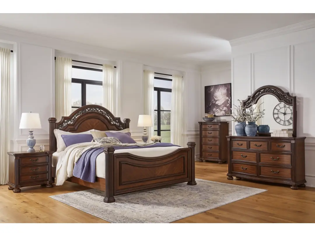 Lavinton Queen Bed, Dresser & Mirror, 2 Nightstands Rich Cherry Brown Finish