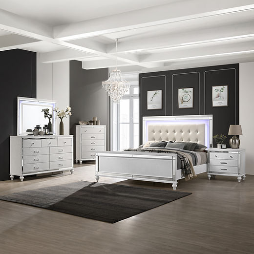 Valentino White Queen Bed, 2 Nightstands, Dresser and Mirror | Emmanuels Furniture Valentino White Queen Bed, 2 Nightstands, Dresser and Mirror | Emmanuels Furniture