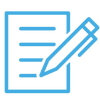 Blue icon of a pen writing on a document