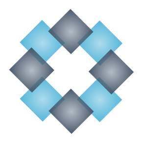 Overlapping blue and grey diamonds forming a circular logo
