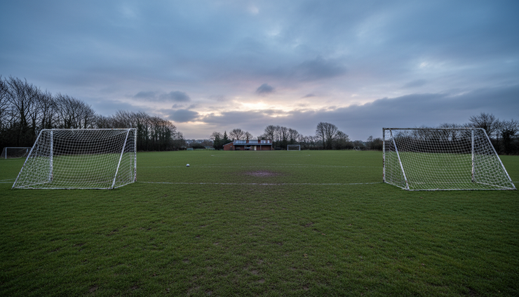 Eye-level view of a local football pitch with empty goalposts at dusk.