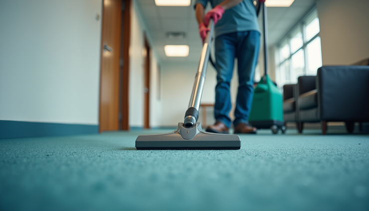 Eye-level view of a janitor vacuuming a modern office carpet
