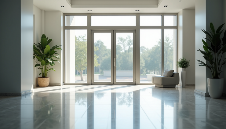 High angle view of a freshly cleaned commercial lobby with polished floors and clear glass doors
