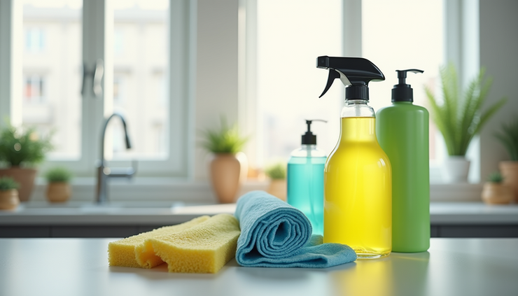 Eye-level view of a kitchen countertop with various cleaning products neatly arranged