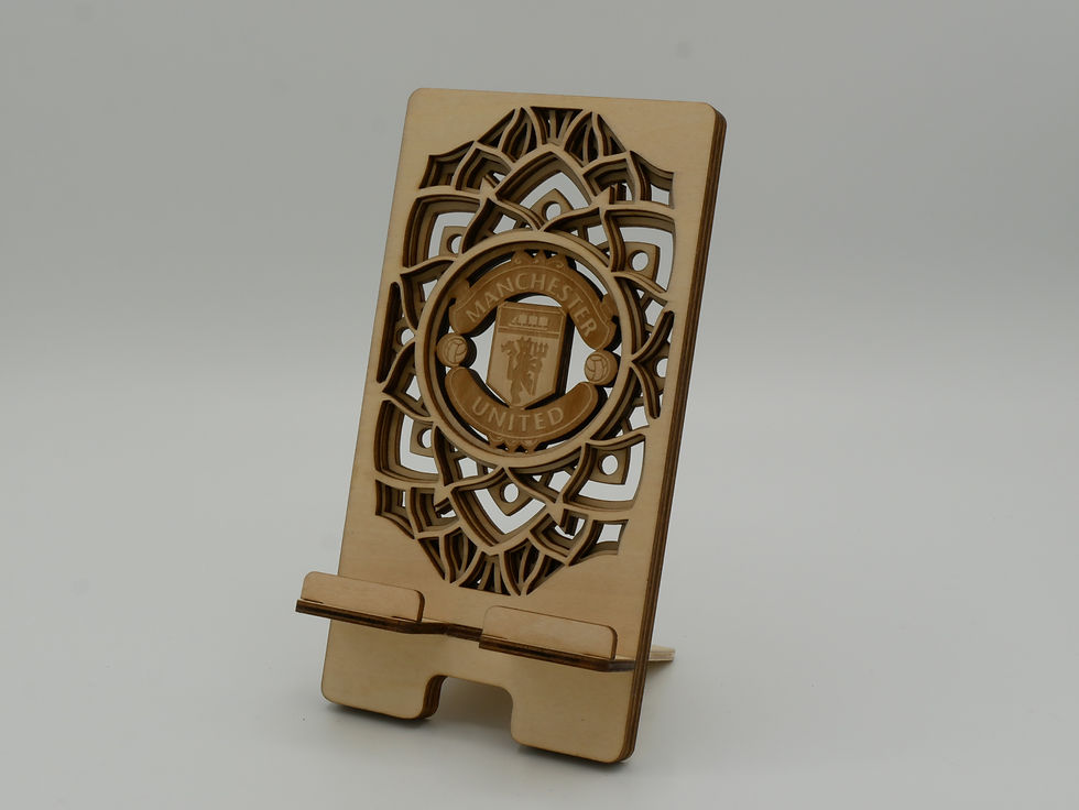 Wooden phone stand with Manchester United logo, laser cut design, 3dLaserStudio