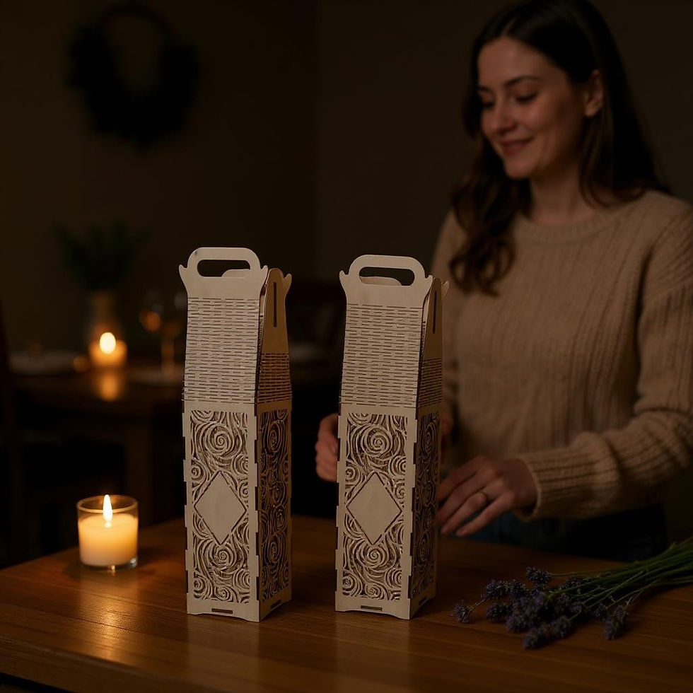 Woman smiles at two ornate gift bags on table, lavender, candlelit room. 3dLaserStudio