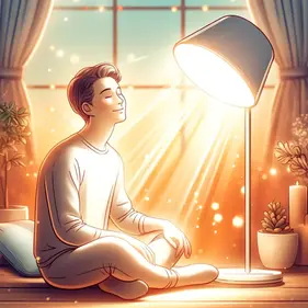 un homme sous une lampe de luminothérapie