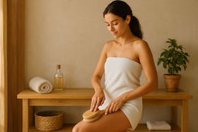 Une femme qui réalise un brossage à sec pour ses bienfaits.