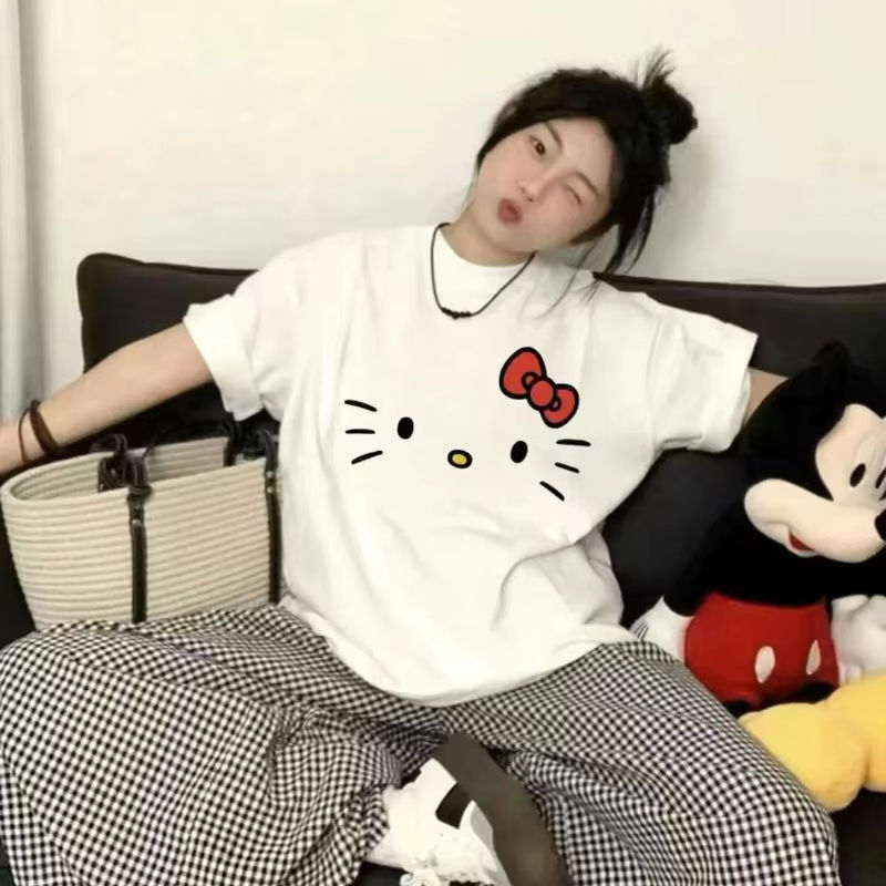 Miniatura: Hello Kitty Cartoon 2025 Simple Loose Cute Round Neck Casual Trend Summer Cotton