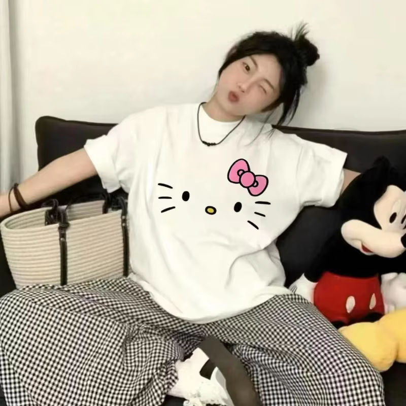 Miniatura: Hello Kitty Cartoon 2025 Simple Loose Cute Round Neck Casual Trend Summer Cotton