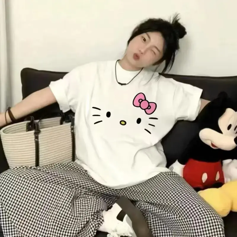 Miniatura: Hello Kitty Cartoon 2025 Simple Loose Cute Round Neck Casual Trend Summer Cotton