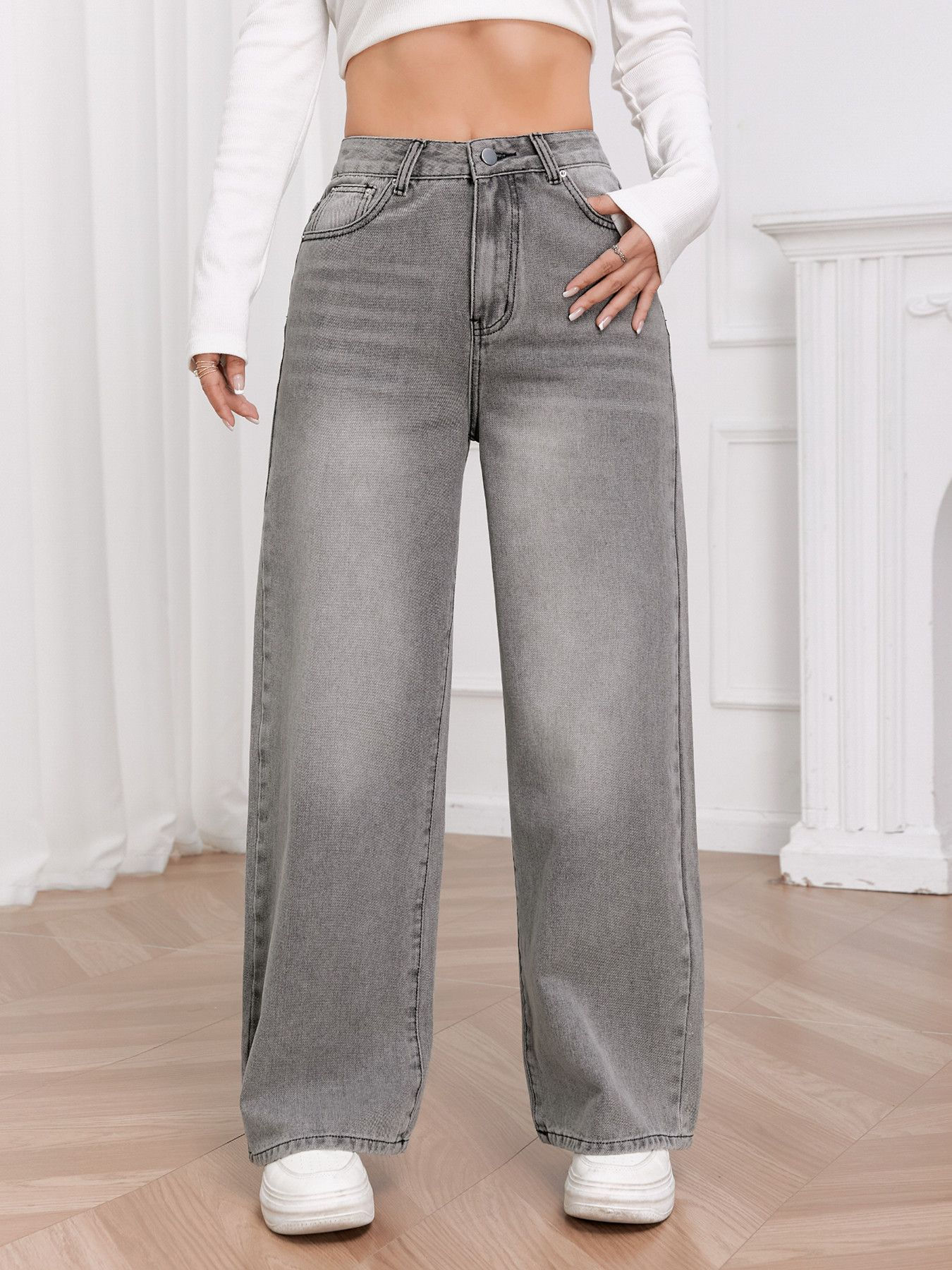 European and N Trend Washed Sky Gray Wide Leg Jeans Women Comfortable Fashion Al