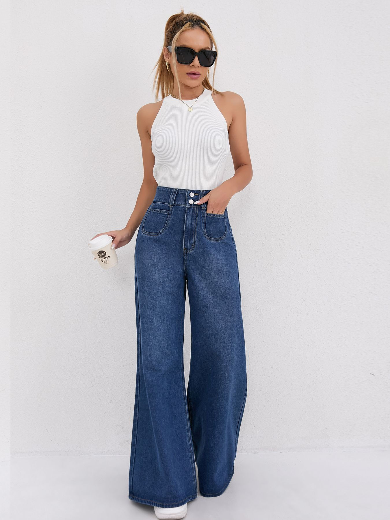 Autumn and Winter Trend: High-waisted Double-button Solid Color Loose Wide-leg J