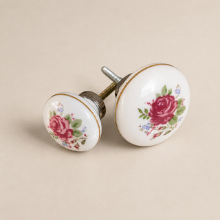 Puxador redondo em porcelana branca com flores rosas e base de latão para móveis clássicos
