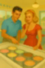 Illustration of a couple choosing ice cream as a metaphor for selecting between polyamory, open relationships, and swinging.
