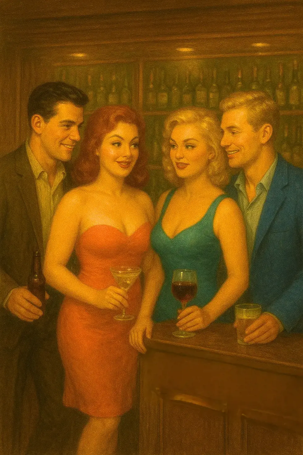 Two couples at a bar, engaged in conversation, holding drinks.