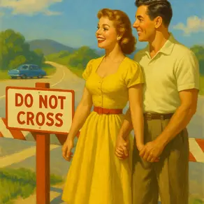 A couple on a country road, standing by a sign post that reads, "Do Not Cross"