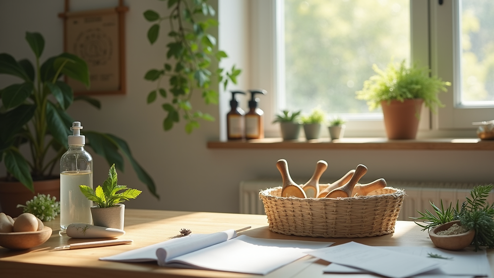 Vue en plongée d’un bureau avec des outils de naturopathie et des plantes médicinales
