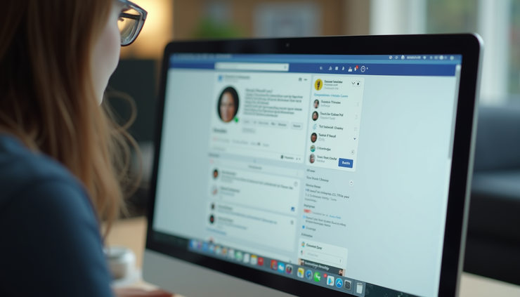 Vue en plongée d’un écran d’ordinateur affichant une page de réseau social vide d’une association étudiante
